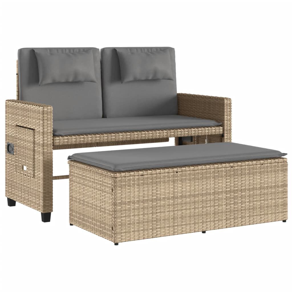 vidaXL Tuinbankje verstelbaar met kussens poly rattan beige