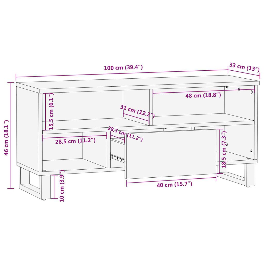 vidaXL TV Kast 100x33.5x46 cm Massief Hout Mangohout