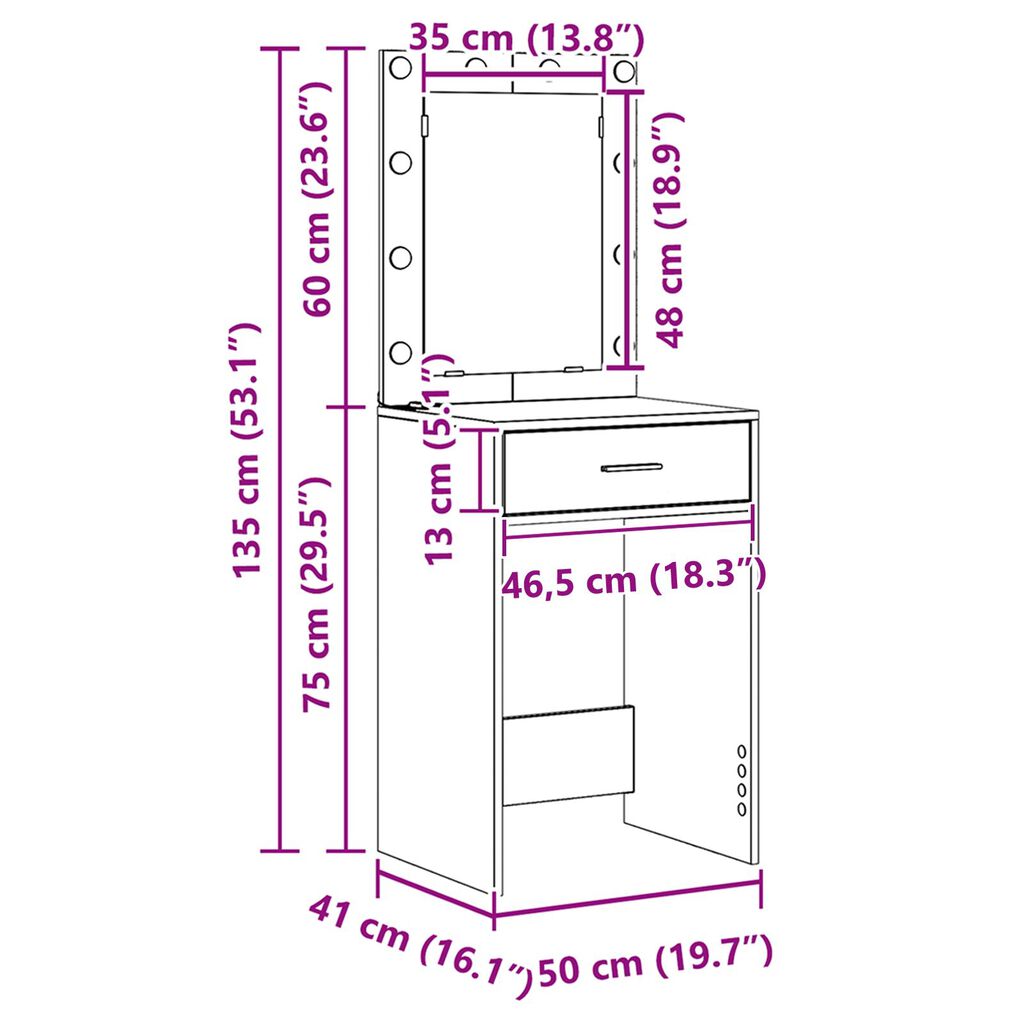 vidaXL Make-uptafel met LED-verlichting - Zwart Eiken 50x41x135 cm