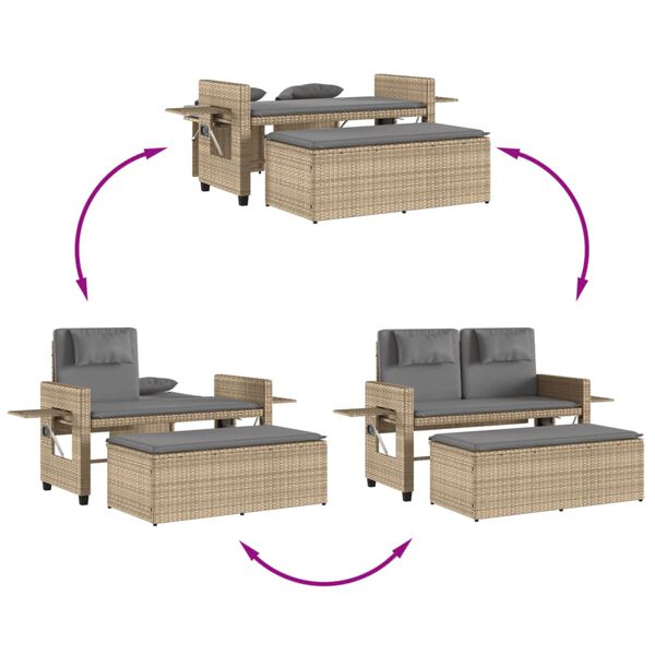 vidaXL Tuinbankje verstelbaar met kussens poly rattan beige