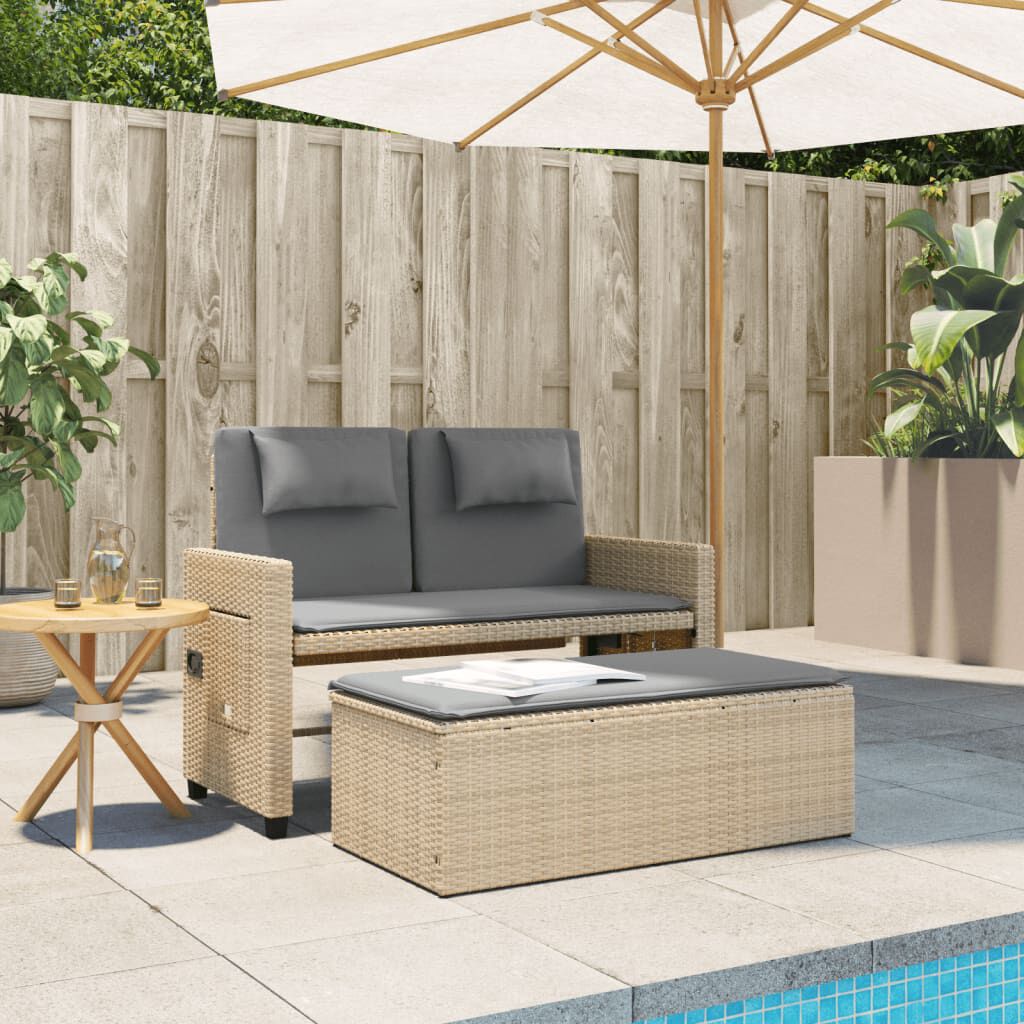 vidaXL Tuinbankje verstelbaar met kussens poly rattan beige