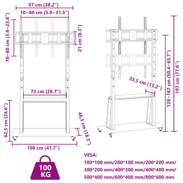 vidaXL Tv-standaard wielen 32"-90" scherm 100 kg Max VESA 800x600 mm